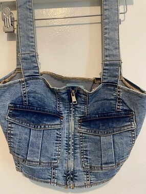 Denim Zip-Front Crop Tank Top - Blue